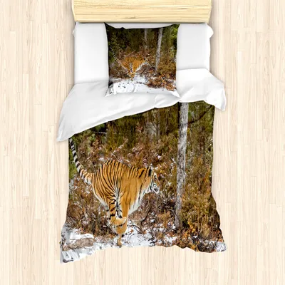 Produktbild von ABAKUHAUS Safari Mantele, Bengal-Tiger-wildes Tier, Milbensicher Allergiker geeignet mit Kissenbezügen, 135 cm x 200 cm - 80 x 80 cm, Orange Grün