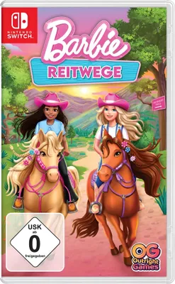 The image is a video game box art for 'Barbie - Reitwege' on Nintendo Switch, featuring two girls riding horses in a scenic landscape.