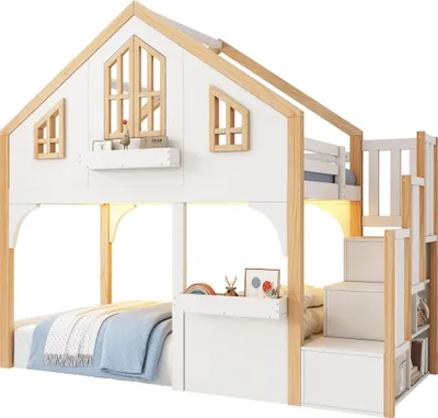 Image de OKWISH Lit Cabane 90x200 cm - Lit Enfant Superposé avec Éclairage LED et Fenêtre - Rangements Intégrés - Sans Matelas - en Bois et MDF - Blanc
