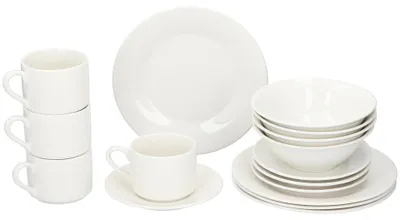 Immagine prodotto di set di stoviglie alpina 4 persone - Set di stoviglie in gres - Piatti, ciotole, tazze e piattini per la colazione - Lavabile in microonde e in lavastoviglie - Bianco