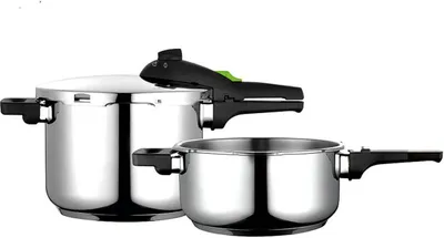 Two stainless steel pots, one a pressure cooker, are displayed against a white background.