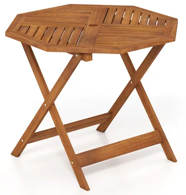 Immagine prodotto di Tavolo da giardino COSTWAY resistente alle intemperie in legno, φ90 cm Tavolo in legno con foro per ombrellone, tavolo da balcone ottagonale, tavolo da pranzo per giardino, balcone, terrazza