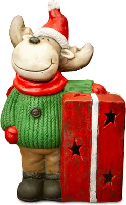 A Christmas-themed decorative reindeer figurine holding a gift.