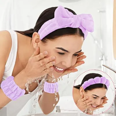 Produktbild von Spa-Stirnband zum Gesichtswaschen, Hautpflege-Haarband für Damen mit Frottee-Handtuchmaterial und Schwamm, Make-up-Haarband mit Armbändern
