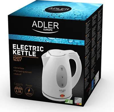 Obrázek produktu pro Adler AD1207, 1,5 l, 2000 W, Bílá, Indikátor úrovně vody, Bezkabelový, Filtrace