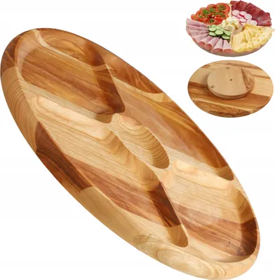 Produktbild von KADAX Servierplatte, Drehteller aus natürlichem Holz, 33,5cm Drehplatte mit Fächern, Servierteller für Chips und Dip, Snackteller zum Servieren von Fleisch (Eschenholz)
