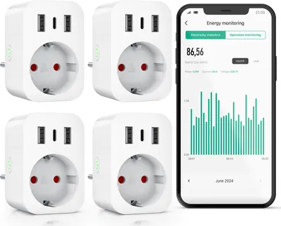 Produktbild von BEARWARE WLAN-Steckdose mit USB, 2,4Ghz WiFi Fernsteuerung per Smart life App, Sprachsteuerung, 4-St., Zeitschaltuhr, Energiekostenmessgerät, USB-Ladegerät, Countdown Timer