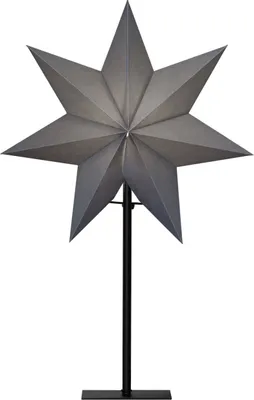 A gray paper star decoration on a black stand against a white background.