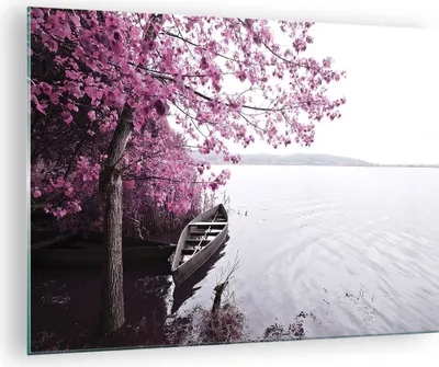 Produktbild von Bilder auf glas - Einteilig - See Rosa Bäume - 70x50cm - Glasbilder - Wandbilder - Bilder - zum Aufhängen bereit - Wanddekoration aus Glas - Glas Bilder - Wandbild auf Glas - GAA70x50-4147