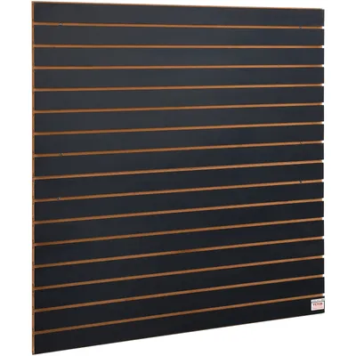 A black slatwall panel with brown trim, shown against a white background.