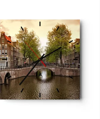 Produktbild von Wanduhr - Quadrat - Glasuhr - Kanal Wasser Amsterdam Fahrrad - 40x40cm - Schleichendes Uhrwerk - Lautlos - zum Aufhängen bereit - Dekoration Modern - Wanddekoration aus Glas - C3AC40x40-2697
