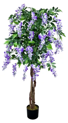 Produktbild von Blauregen Wisteria Glyzinie Kunstpflanze, realistischer Kunstbaum 160 cm, Deko für Wohn- und Büroräume, Stamm aus Echtholz, allergikerfreundlich und pflegeleicht