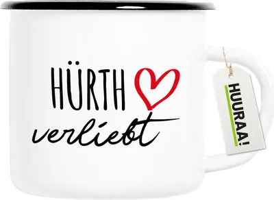 Produktbild von Huuraa Emaille Tasse Hürth verliebt 300ml Vintage Campingbecher Geschenkidee