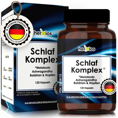 Produktbild von HERBIOS Melatonin Schlaf Komplex – 120 vegane Kapseln – Melatonin zur Verkürzung der Einschlafzeit – Mit GABA, Ashwagandha, Baldrian & Hopfen