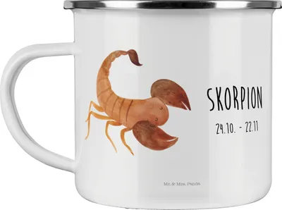 Produktbild von Mr. & Mrs. Panda Emaille Tasse Sternzeichen Skorpion Classic - Weiß - Geschenk, Becher, Pott, Geburtstag November, Oktober, Skorpione, Teetasse, Motivtasse