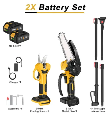 Image de Ensemble d'outils électriques pour le jardin : tronçonneuse de 15 cm et cisaille de jardin, manche télescopique, 2 batteries