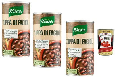 Produktbild von Knorr Italian Gourmet Bohnensuppe Zuppa di Fagioli 3×545 g Fertigsuppe Familienpack – herzhafte Suppe mit Bohnen, sättigend & schnell servierfertig, ideal für Vorrat & Alltag + Italian Gourmet Polpa 400 g