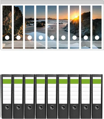 Produktbild von Wallario 9 Stück breite Ordner inkl. Klebeetiketten mit Motive Sonnenuntergang hinter einem Felsen am Strand -  Set mit Rückenschildern / Ordnerrücken Stickern