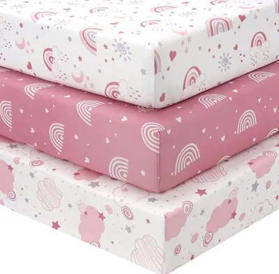 Produktbild von FIEMOL Baby Spannbettlaken 60x120 cm Babybett Spannbetttuch, 3er-Pack Mikrofaser Bettlaken Für babybetten, Ultrasanft & Seidigglatt Rosa Regenbogen