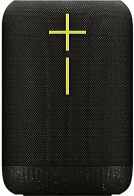 A black portable speaker with a yellow logo.