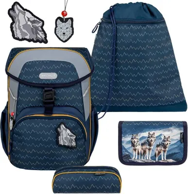 Produktbild von Belmil Maxi ergonomisches Schulranzen-Set 5-teilig "Wolfs" mit Brustgurt, Magnetverschluss, einem Patch