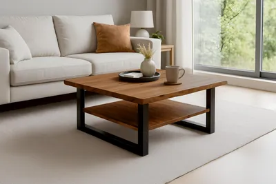 Produktbild von Couchtisch Baumkante 90 x 90 cm Akazie honigfarben schwarz PATRICK