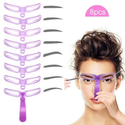 Produktbild von Augenbrauenschablonen 8 Formen, Augenbrauen Schablone Set aus Kunststoff mit Halteband und Griff, wiederverwendbar und abwaschbar für symmetrische Augenbrauen