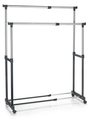 Produktbild von Garderobenwagen Rollgarderobe Kleiderständer  Garderobenständer Rollkleiderständer CASA in schwarz, 2 Kleiderstangen, Metallgestell verchromt, höhen- und breitenverstellbar
