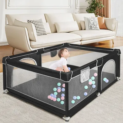 Produktbild von Laufstall Baby,120x160cm Rutschfester Absperrgitter mit Atmungsaktive Netz Schutzgitter Kind Playpen Set mit Tragetasche Schwarz