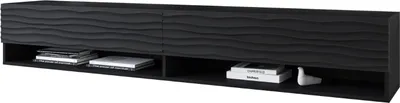 A black TV cabinet with a wavy textured front and open shelves below.