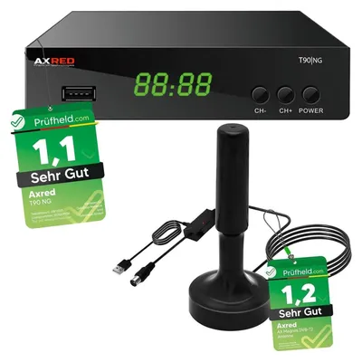 Produktbild von AXRED T90 HD DVBT2 Receiver + AX Magnes DVB-T/DVB-T2 Antenne mit Verstärker 30dBi für innen außen, mit PVR Aufnahmefunktion, für DVB T2 TV Fernseher Radio DVBT, DVB T Box