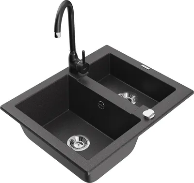 Produktbild von Mexen Carlos 1,5-Becken-Granitspüle mit Mischbatterie Telma, Schwarz gesprenkelt - 6518-76-670200-70