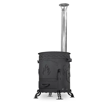 A black metal outdoor stove with a silver chimney, shown against a white background.