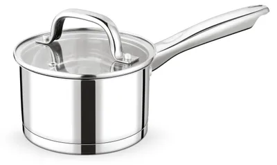 Obrázek produktu pro Nerezová pánev, průměr 14 cm, skleněná poklice, třívrstvé dno, vhodná pro indukční vařiče, objem 0,95 l