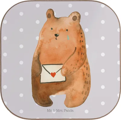 Produktbild von Mr. & Mrs. Panda Untersetzer für Gläser Bär Liebesbrief - Grau Pastell - Geschenk, Partner, Freundin, Teddy, Liebeskummer, Coaster, Freund, Flaschenuntersetzer, Tassen