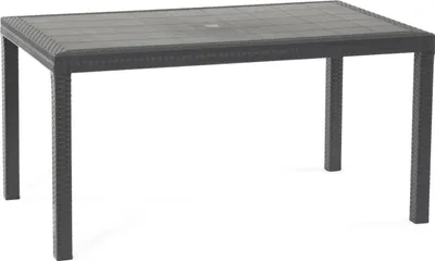 A rectangular outdoor table with a rattan-like texture, shown from a slightly elevated front-side angle against a white background.
