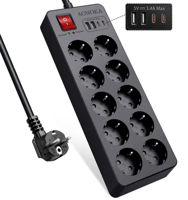 Obrázek produktu pro Zásuvka s vypínačem - Prodlužovací přívod - 10 zásuvek - 4 USB - 1,5 m - Černá