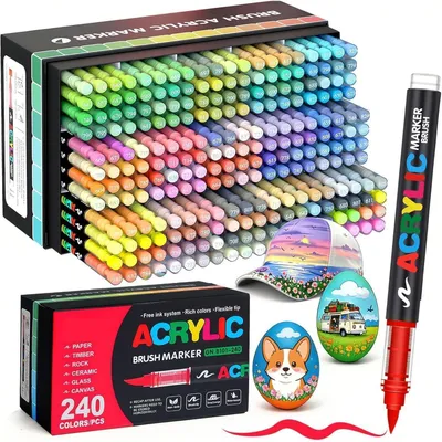 Zdjęcie produktu dla Zestaw 240 markerów akrylowych z końcówką pędzelkową, wodoodpornych, do użytku na kamieniu, szkle, tkaninach, drewnie i ceramice