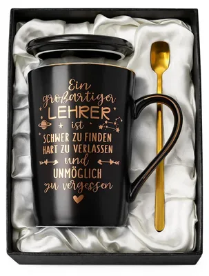 Productafbeelding van Grote koffiekop van porselein met lepel, deksel en een felicitatiekaart | Cadeau voor een leraar