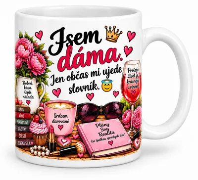 Zdjęcie produktu dla Kubek dla kobiety – "Jestem damą, ale czasami mi się słowa posypują" – 300 ml, Obraz wygenerowany przez AI