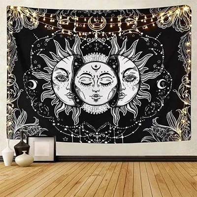 Imagen del producto de Unyqoos®: Tapiz de pared con motivos de sol y luna – Adorno de pared bohemio con mandala , 100% poliéster, tamaño grande: 148 x 200 cm