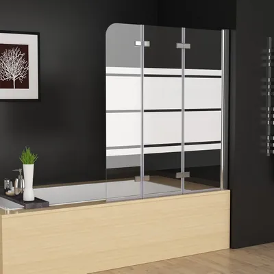 Produktbild von 120 x 140 cm Duschwand für Badewanne Dusche Duschabtrennung 3 Teilig Faltwand 5mm ESG Glas mit Weiße Streifenmuster 360º Schwenkbar Klappbare Glaswand