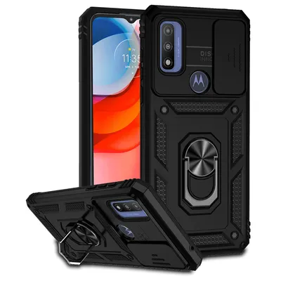 Immagine prodotto di Custodia per Motorola G Pure a doppio strato con copertura scorrevole della fotocamera e supporto ad anello nero