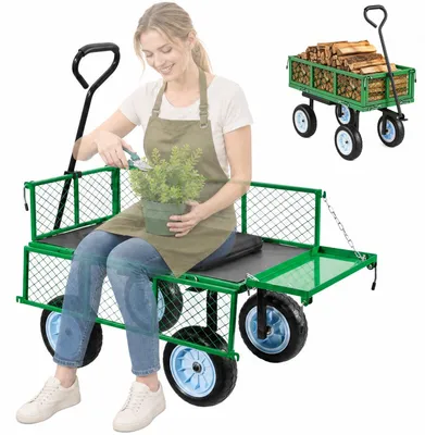 Zdjęcie produktu dla Wózek ręczny VEVOR o nośności 226,8 kg, wózek ogrodowy z siedziskiem i kołami z PU, wózek transportowy z półką na narzędzia i regulowanym uchwytem, wózek na sprzęt do trawnika, tarasu, ogrodu i terenów zielonych,