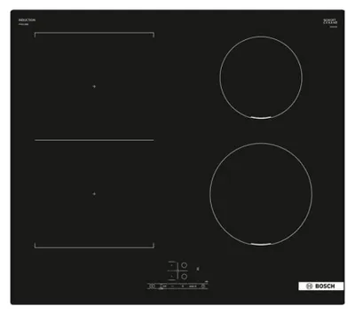 A top-down view of a black induction cooktop with four cooking zones and control panel.