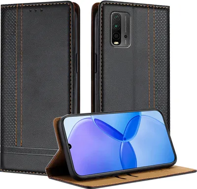 Produktbild von Handyhülle für Xiaomi Poco M3 /Redmi 9T Leder Flip Klappbare Schutzhülle mit Standfunktion Schwarz