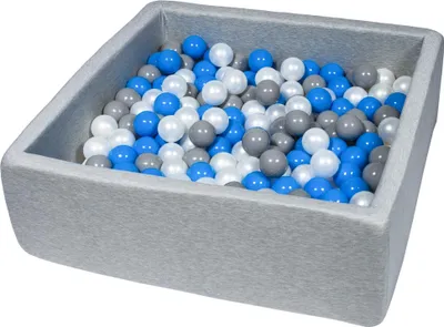 Image de Piscine à balles pour enfants, 90x90 cm, aire de jeux + 200 balles en perles, bleu, gris