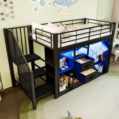 Produktbild von MODFU Hochbett ohne Matratze 90×200 Kinderbett mit 2 Schubladen und mehrfarbige LED-Beleuchtung,Bettgestell mit Kleiderschrank und Staufächer,schwarz
