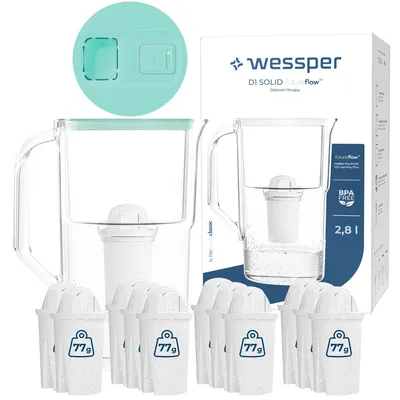 Imagen del producto de Jarra filtrante Wessper D1 SOLID FutureFlow™ de 3,3 litros, color menta, con indicador LED y 12 filtros aquaclassic