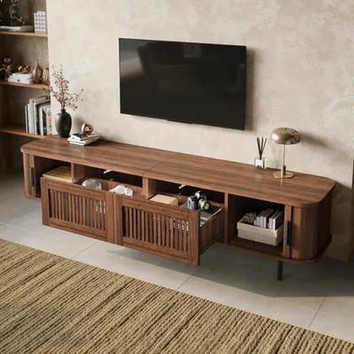 Produktbild von TV-Schrank TV-Lowboard abgerundet Schubladen Gitteroptik Schiebetüren APP LED Beleuchtung Eisengriffe Eisenfüße ,Fernsehschrank